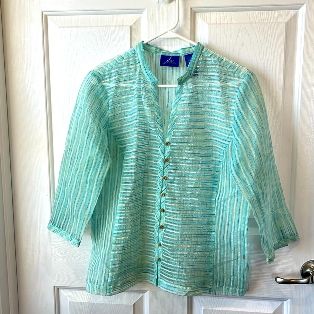 JH Collectibles women’s sheer button down 3/4 sleeves summer casual blouse sz L